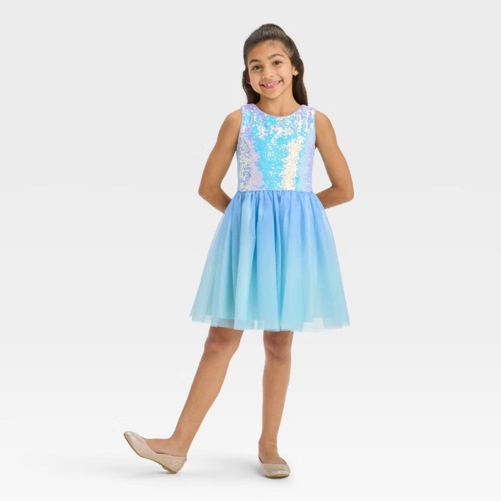 Cat & Jack Girls' Sleeveless Tulle Sequin Dress - Periwinkle Blue, M